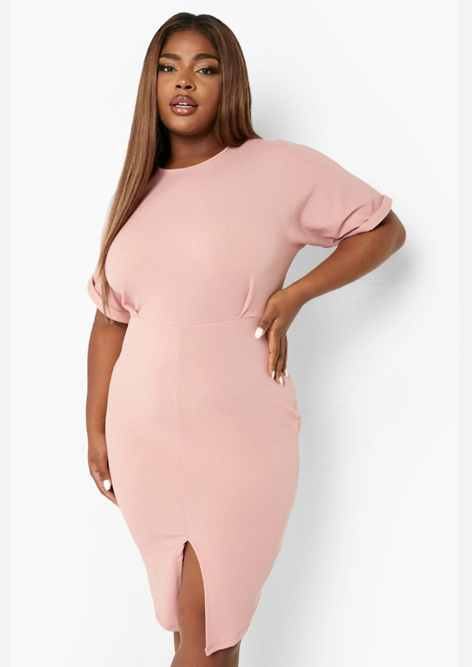 Boohoo Wiggle Midi Dress Womens Plus 14 Pink Bodycon Short Sleeve Front Slit
